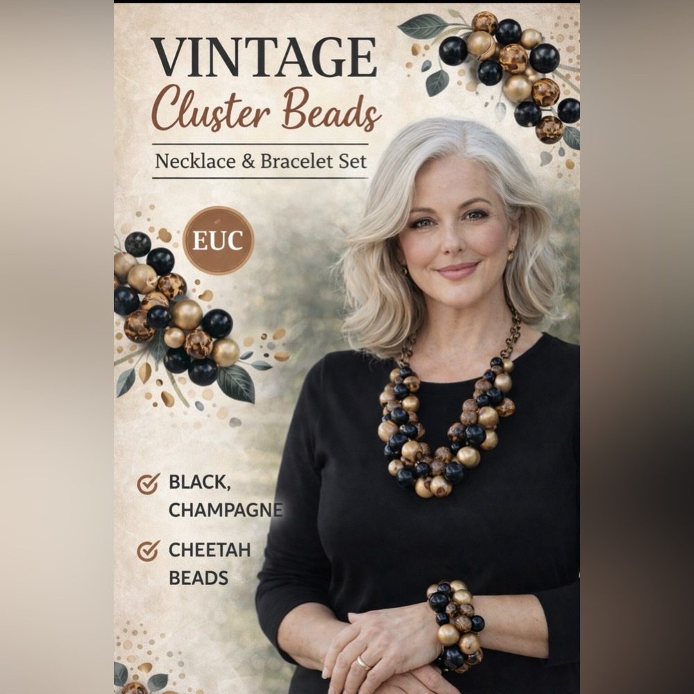 Vintage Elegant Chunky Cluster Beaded Necklace and Bracelet Set.